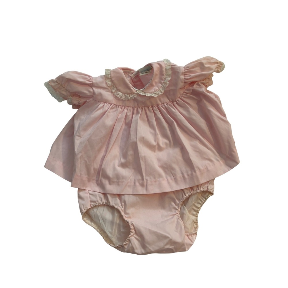 Nannette Vintage Baby Girl Dress Pink Lace Trim Peter Pan Collar 1970s 9M